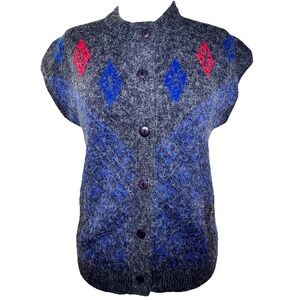 Cheung Kee Vtg Argyle Sweater Vest 100% Wool Blue Cardigan Button Up Preppy 80s